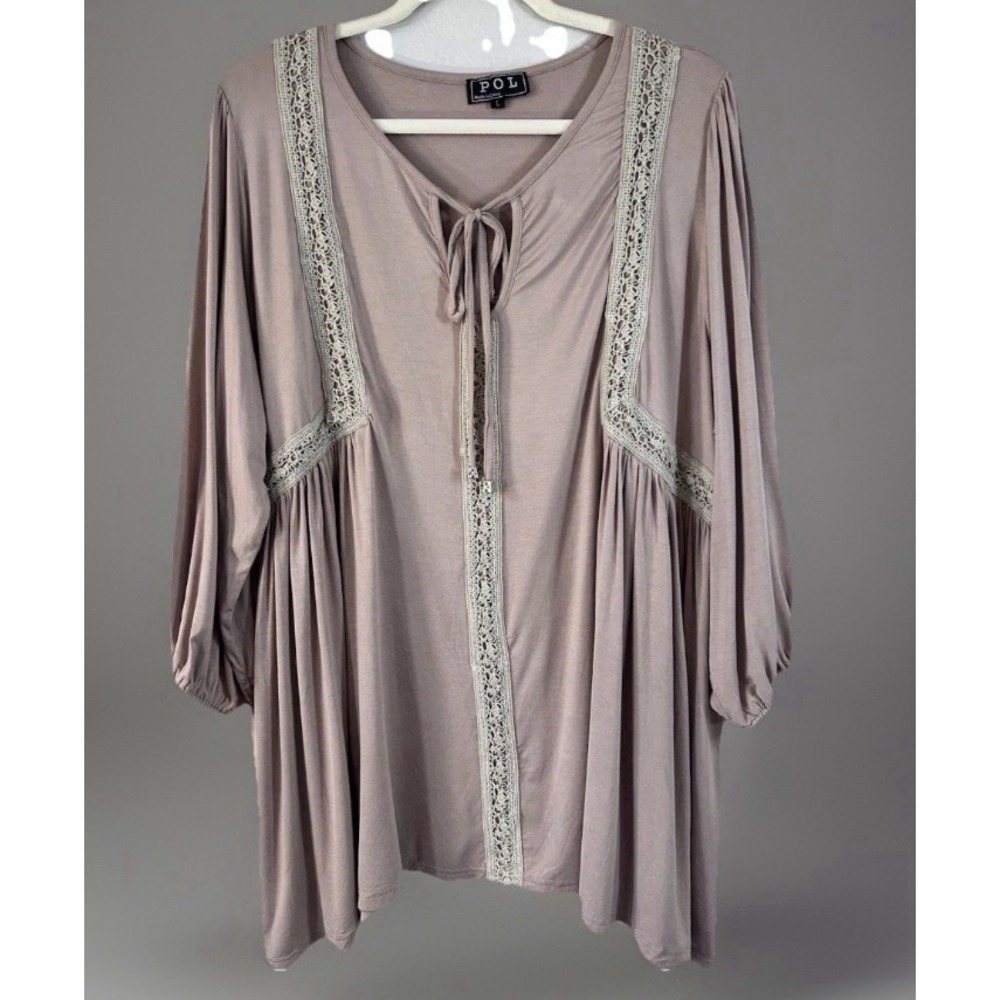 POL Women's Blouse Beige Crochet Detailed Drawstring Large NEW